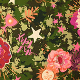 Crêpe imprimé fleurs et pixels fond vert camouflage