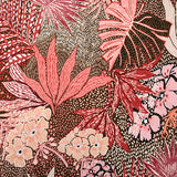 Jersey de polyester floqué et imprimé feuillage rose fond marron