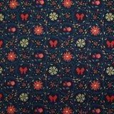 Popeline de coton imprimée poinsettias et nœuds rouge fond bleu marine