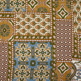 Satin de viscose imprimé patchwork ornement ocre, bleu barbeau et kaki