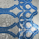 Tulle sequin plumes royales argent et bleu roi