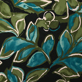 Twill de viscose imprimé nature en peinture turquoise et kaki fond noir