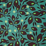 Velours de coton côtelé imprimé feuillage aubergine fond turquoise