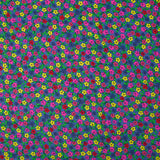 Velours de coton côtelé imprimé petites fleurs colorées fond bleu barbeau