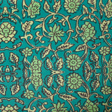 Velours ras imprimé fleurs block print fond turquoise