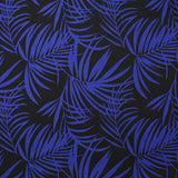 Viscose imprimée feuilles tropicales bleu roi fond noir