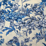Viscose tissée imprimée fleurs d'antan bleu fond écru